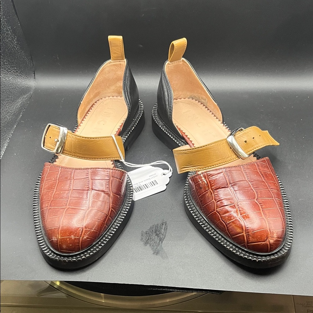Brown and Black Croc-Embossed Slingback Flats